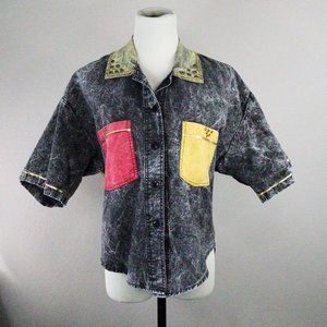 80's Acid Wash Vintage Button Down Two Tone Shirt Stranger Things Style